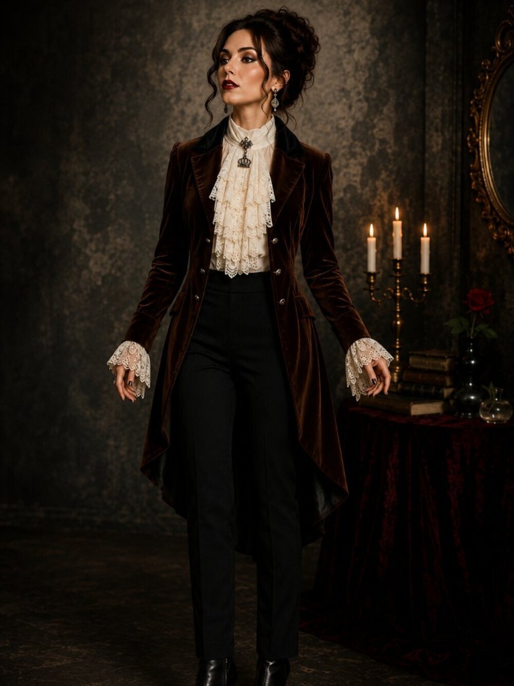 HALLOWEEN: Victorian Vampire Costume Brown Velvet Jacket Ivory Lace Shirt Gothic